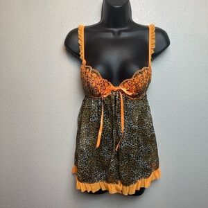Y2k Vtg Victoria's Secret cheetah/orange ruffle print lace lingerie dress sz 34B